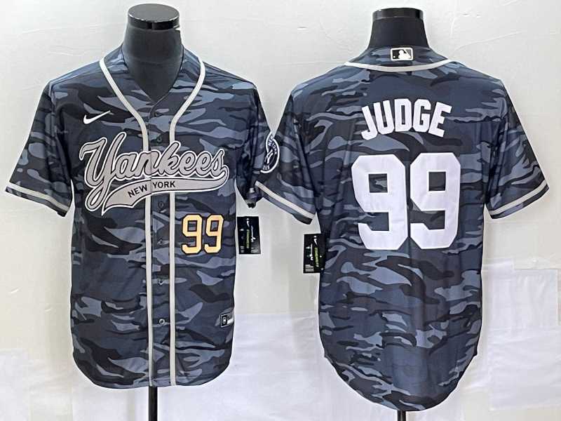 Mens New York Yankees #99 Aaron Judge Numbre Grey Camo Cool Base With Patch Stitched Baseball Jersey